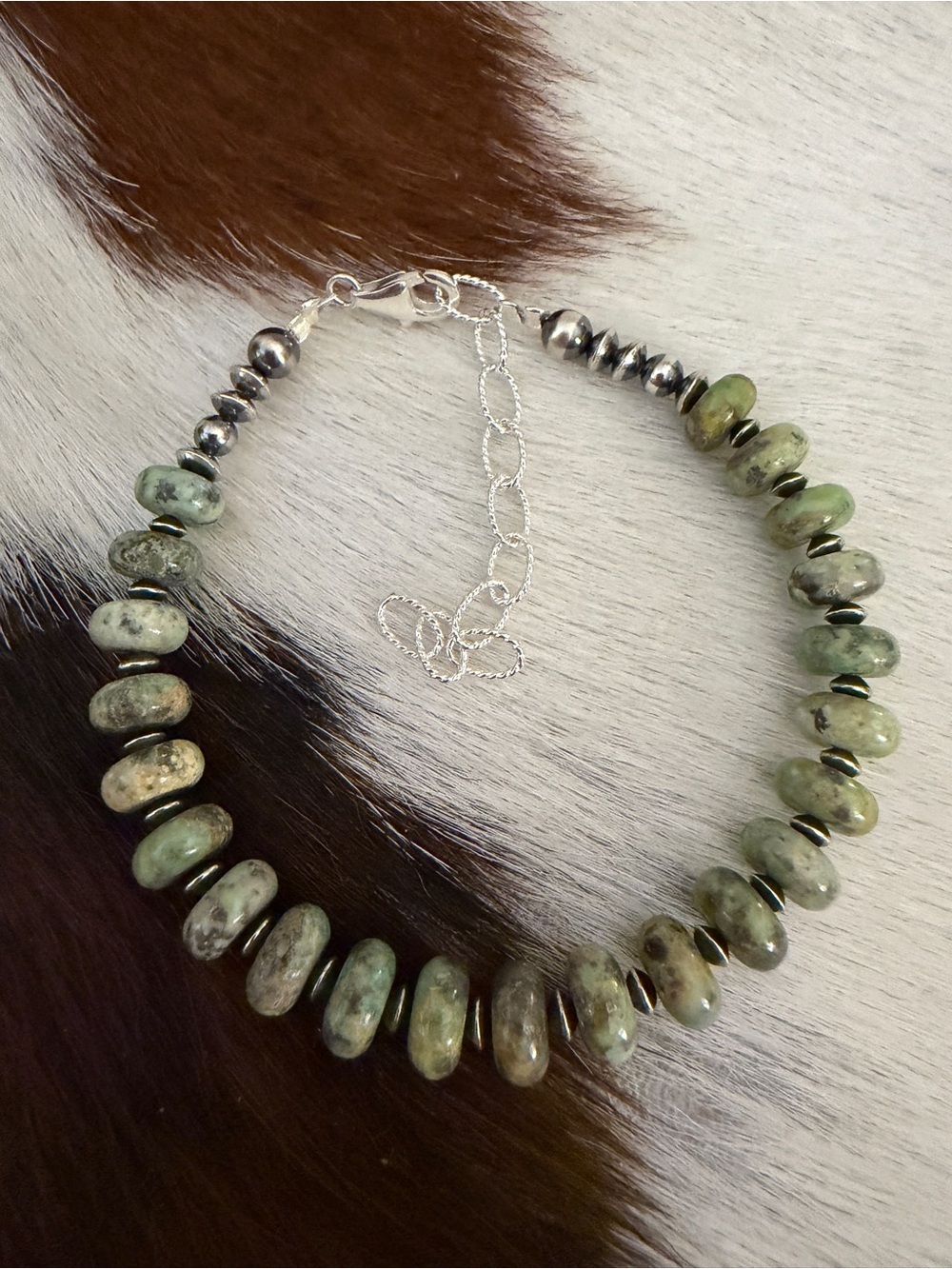 ❤️ 925 Desert Pearls & Saucers Cerrillos Green Turquoise Bracelet Unisex 7+2”L - Picture 3 of 13